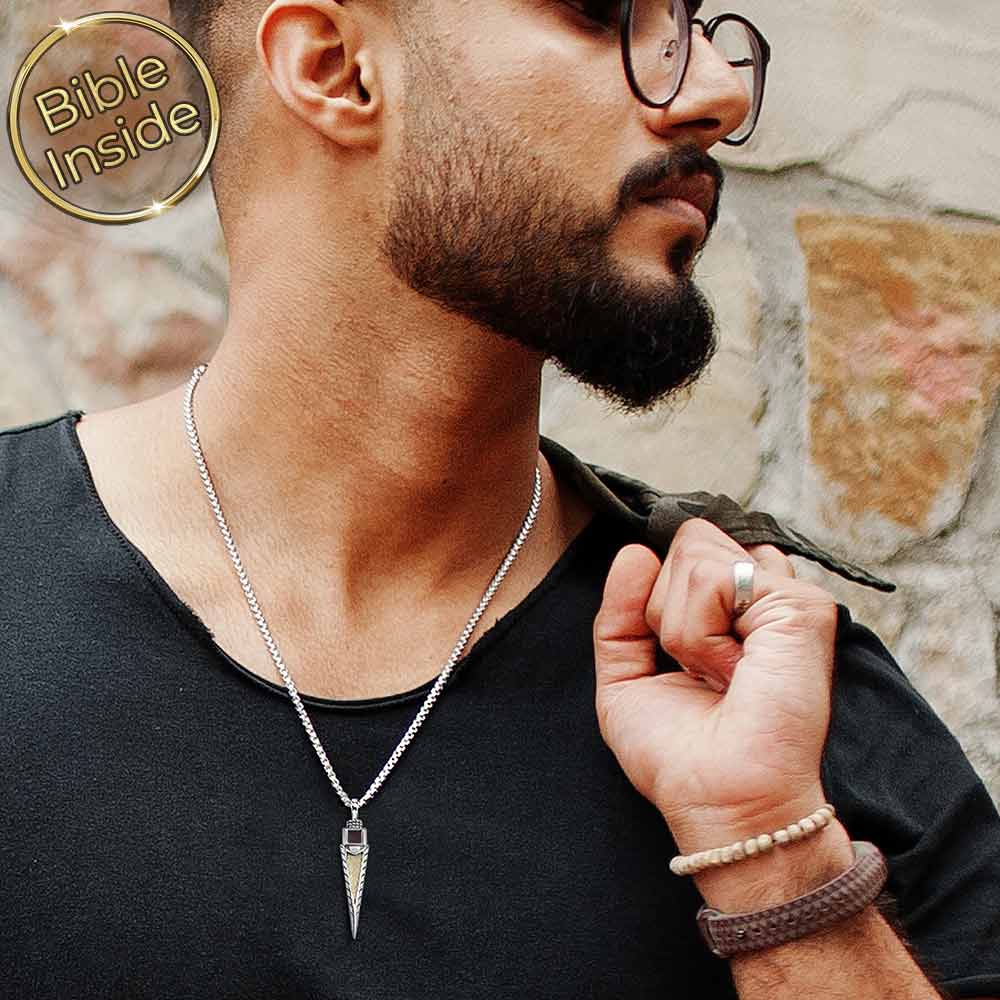 Men's Christian jewelry – arrow necklace with micro Bible technology