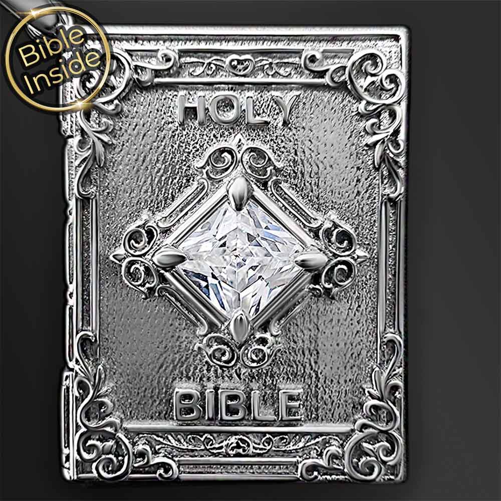 Meaningful gift jewelry for Christians — Covenant Book necklace in white gold