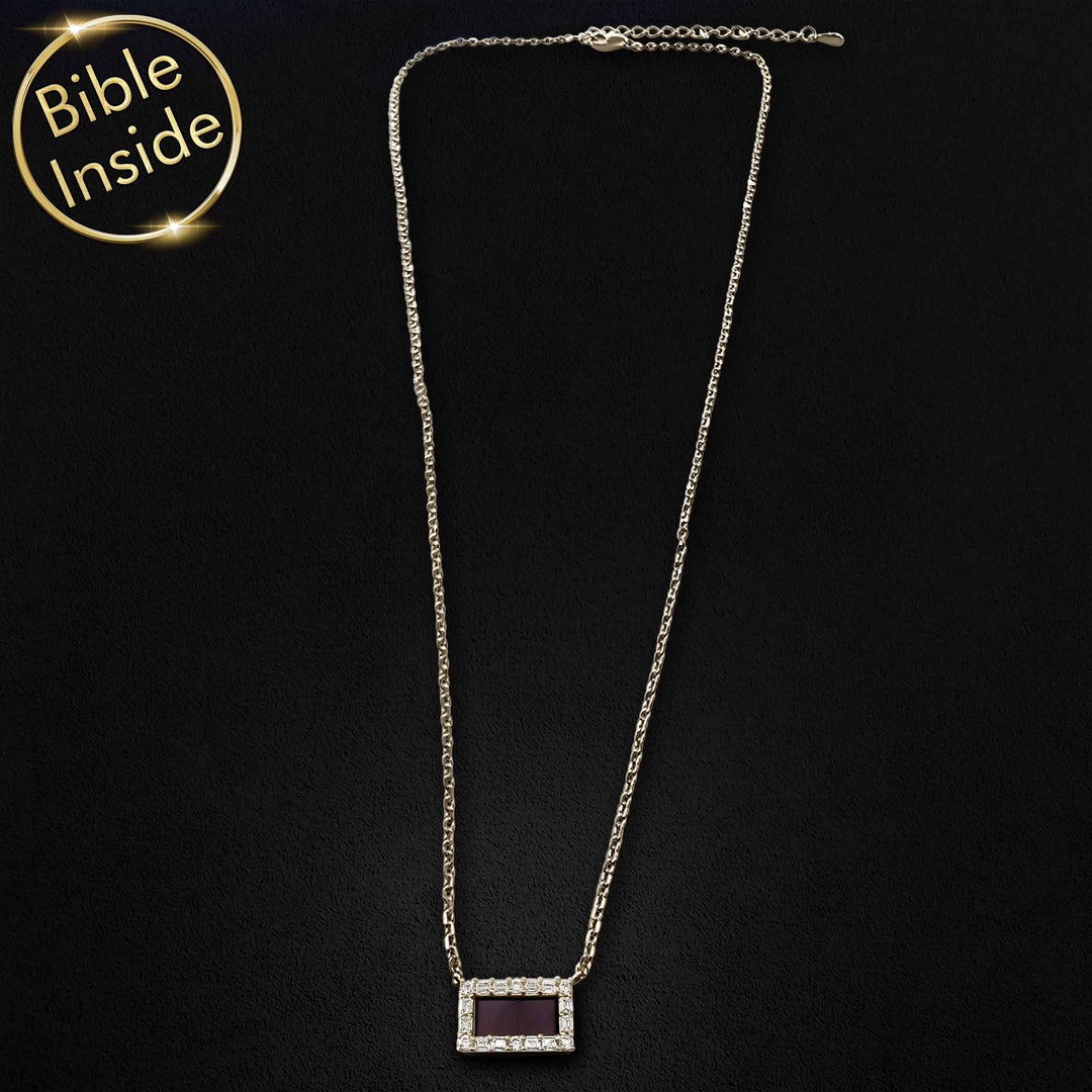 Gold necklace for Christian women, minimalist rectangle with nano Bible inside