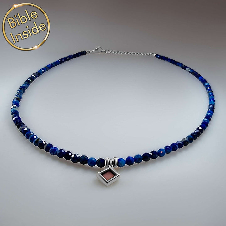 Dainty Christian necklace featuring square pendant and lapis stone