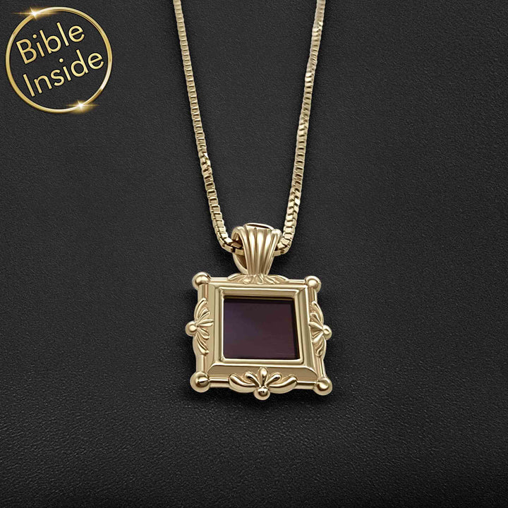 Christian gold pendant with square charm – micro Bible necklace for women
