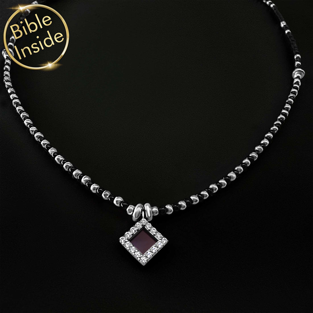 Christian necklaces for women with Biblical text and onyx gem
