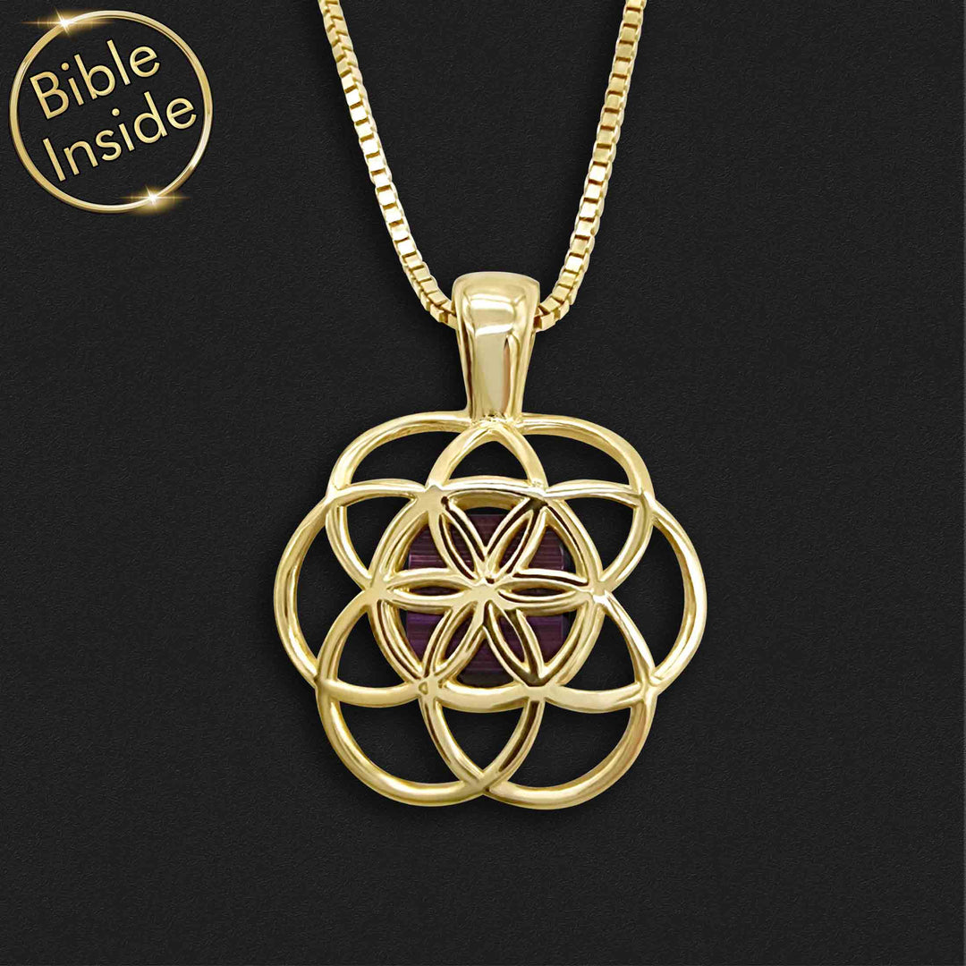 Gold necklace for Christian women – Seed of Life pendant with scripture chip