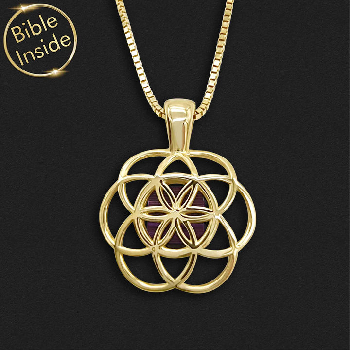 Gold necklace for Christian women – Seed of Life pendant with scripture chip