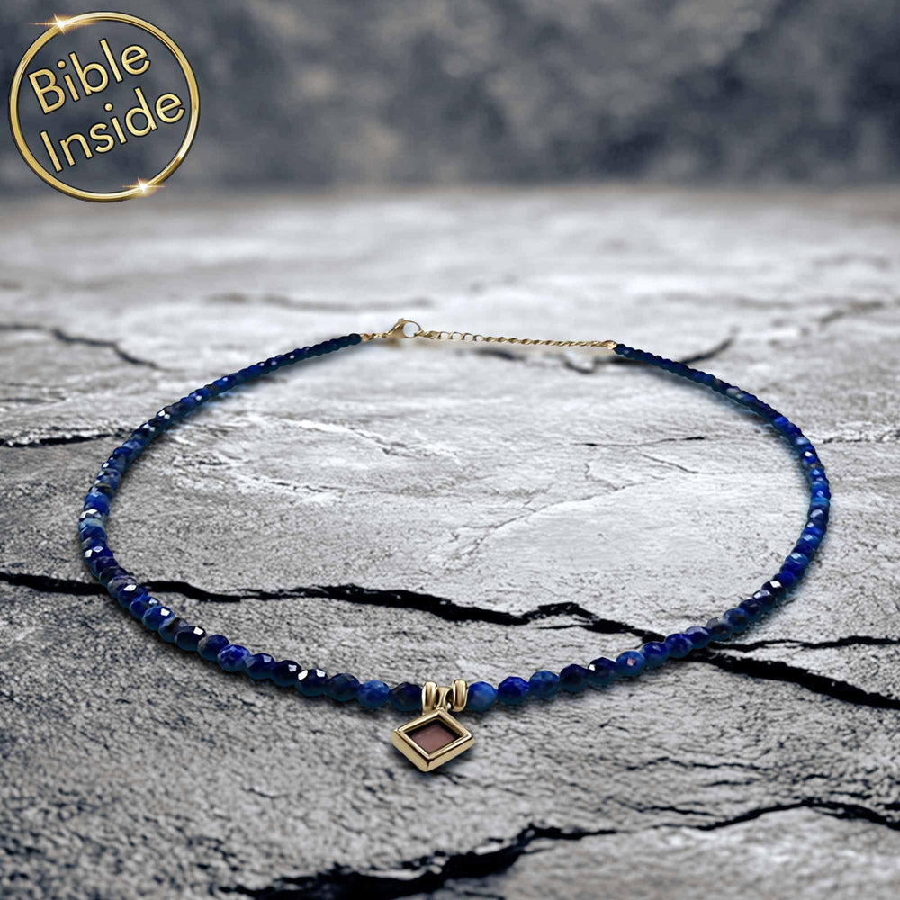 Christian pendant necklace featuring lapis lazuli and Biblical text