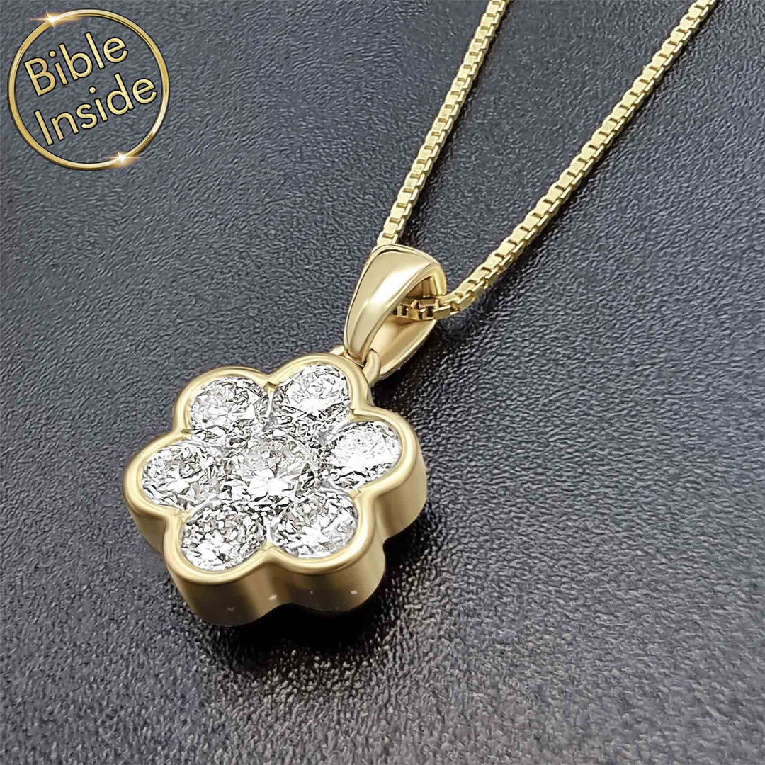 Gift for her – Christian gold necklace with nano Bible and diamond flower