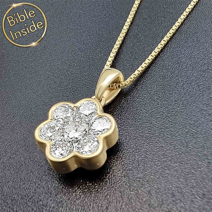 Gift for her – Christian gold necklace with nano Bible and diamond flower