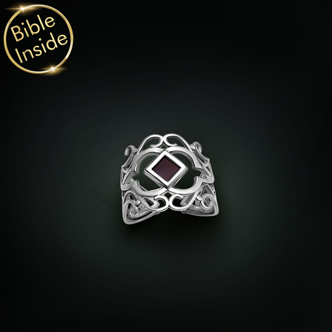 Christian jewelry ring with nano Bible chip – polished sterling silver for women