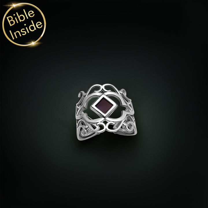 Christian jewelry ring with nano Bible chip – polished sterling silver for women