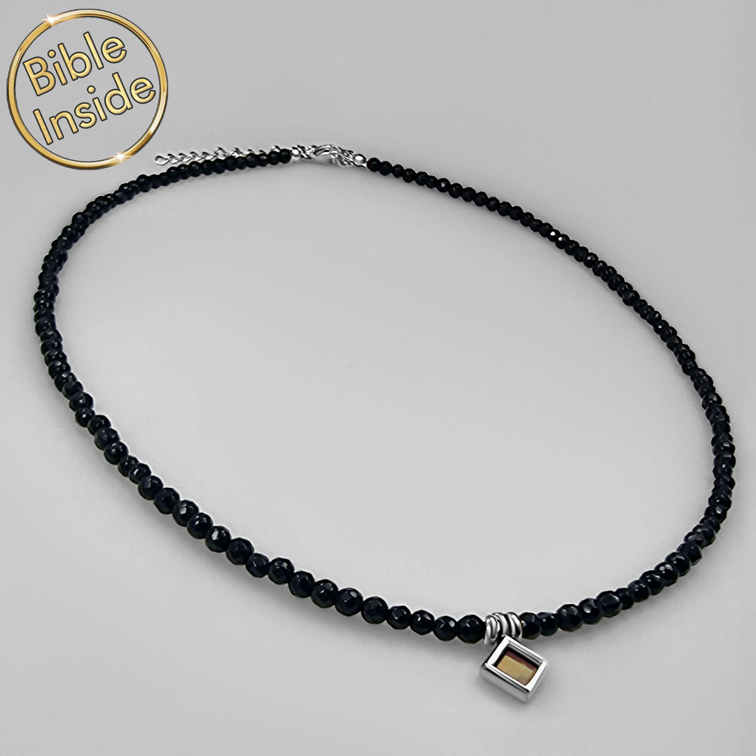 Stylish necklace with black onyx and Bible chip, gift for Christian wedding