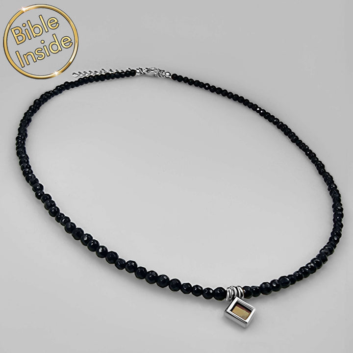 Stylish necklace with black onyx and Bible chip, gift for Christian wedding
