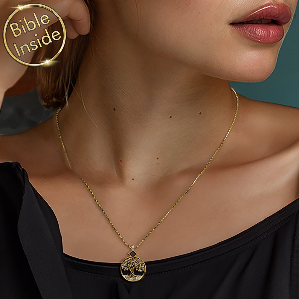Gold Tree of Life necklace Christian gifts for woman with nano Bible