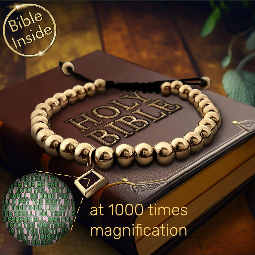 Gold beaded Christian bracelet with miniature Bible chip for women