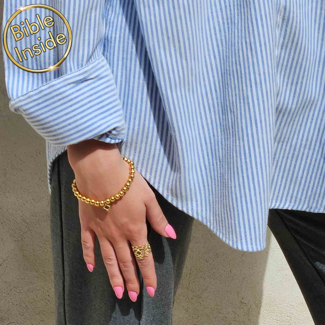 Gold finish Christian wristband with beaded design, meaningful gift