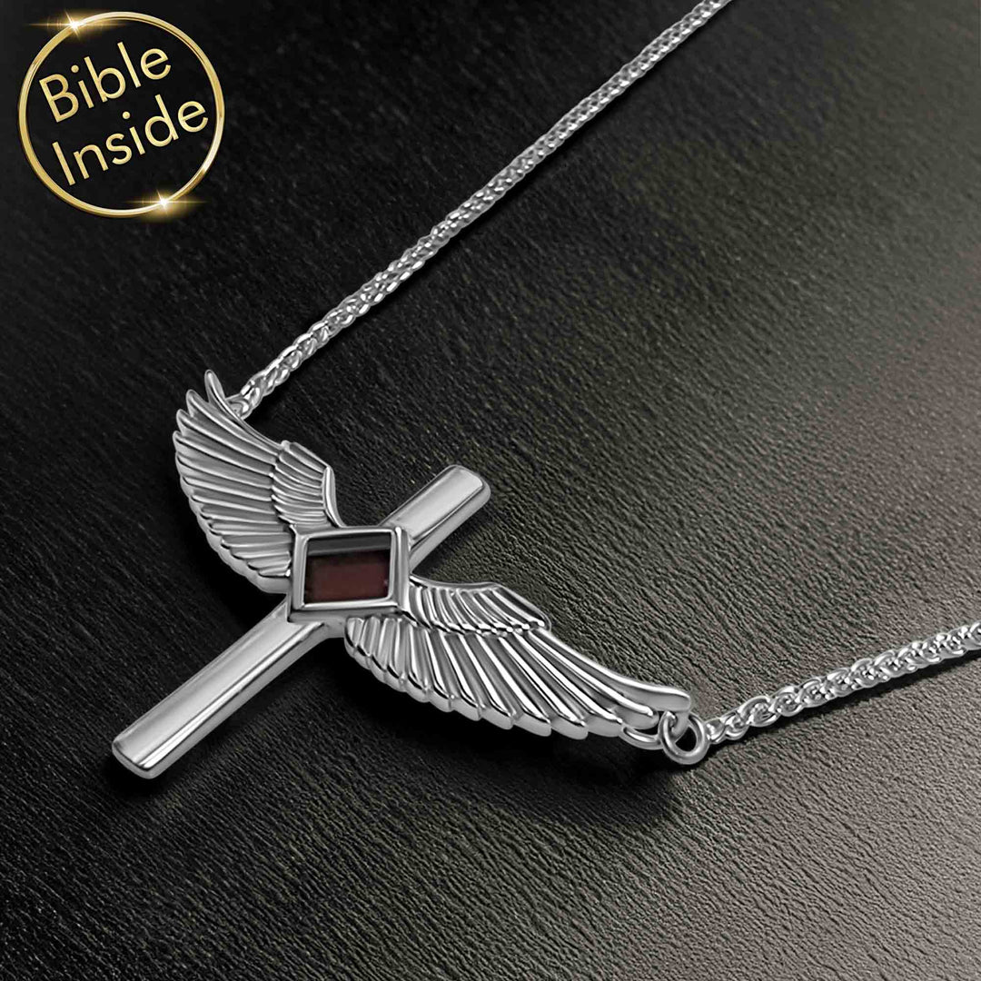 Women's Christian necklace featuring angel wings cross in silver