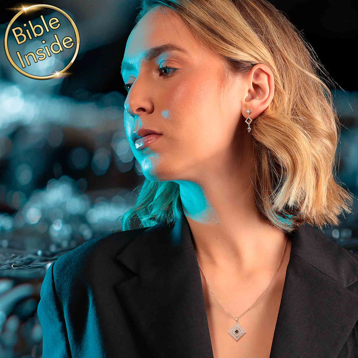 Christian Christmas present square necklace with CZ stones elegant design