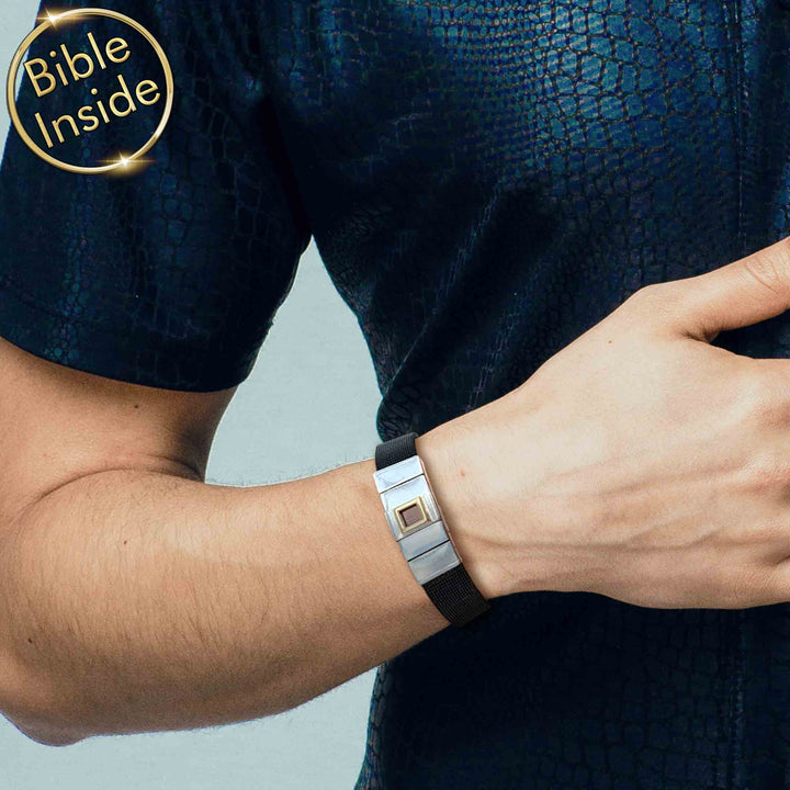 Sleek stainless steel gift bracelet for Christian men with nano Bible inside