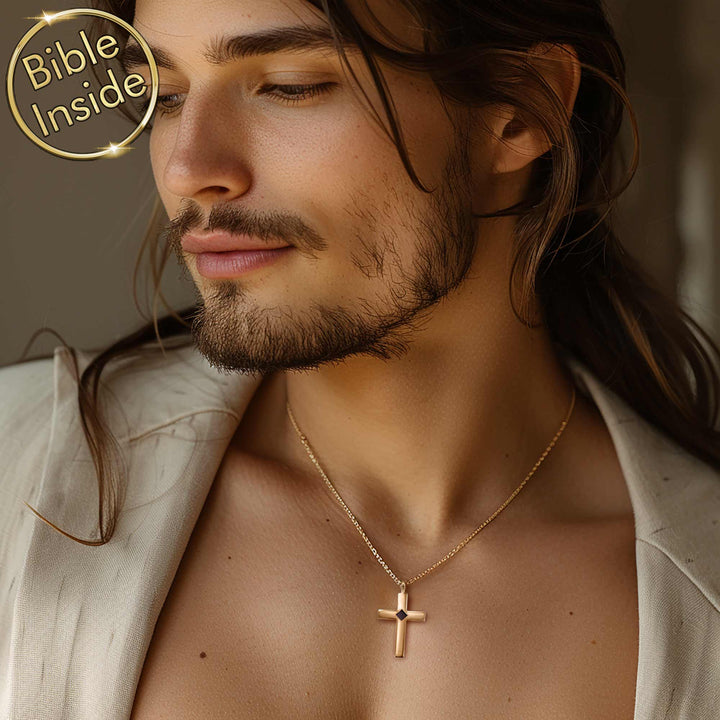Men's Christian Christmas present with cross pendant and Bible chip