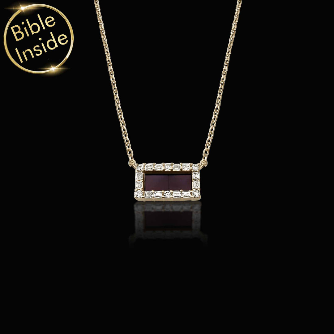 Gold-plated Christian necklace featuring rectangle charm with complete scripture chips – affordable luxury spiritual jewelry for faithful believers