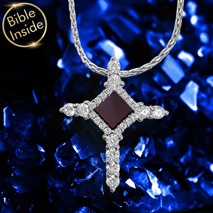 Silver cross pendant chain with miniature Bible chip, faith jewelry