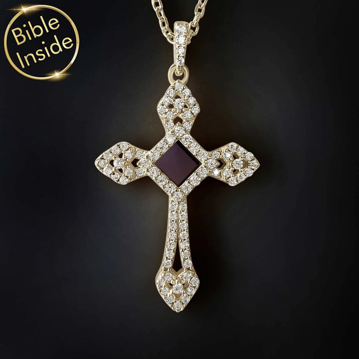 Delicate chain necklace with cross charm and Bible technology