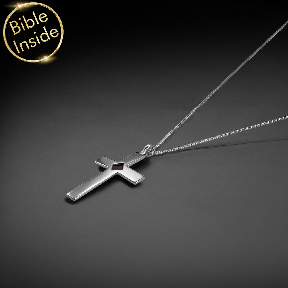 Silver cross chain necklace featuring nano Bible chip inside