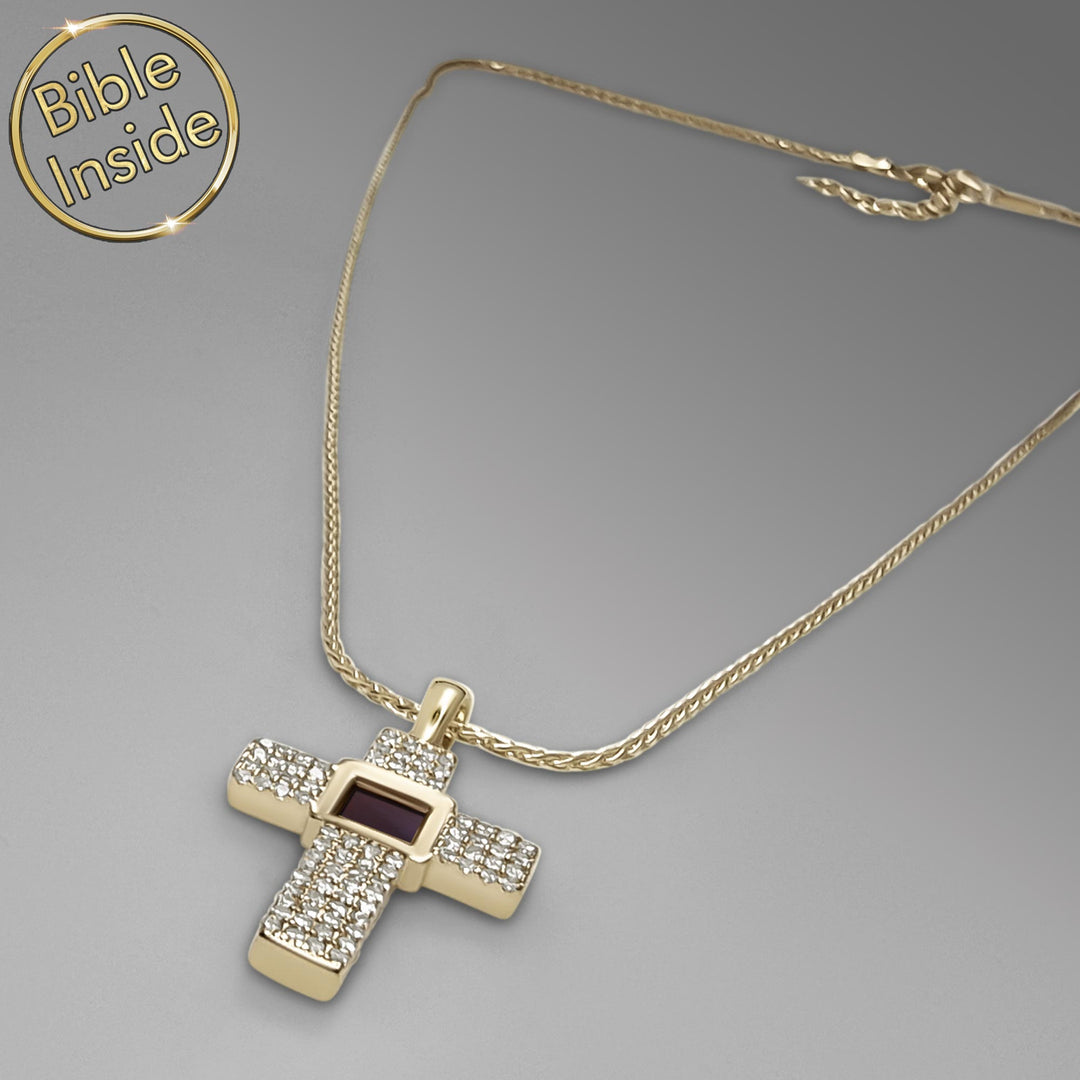 Elegant chain and cross pendant featuring New Testament scripture