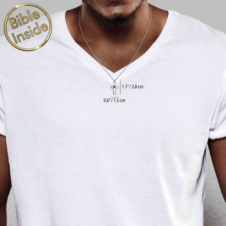 Men's cross jewelry featuring religious symbols and micro Bible technology