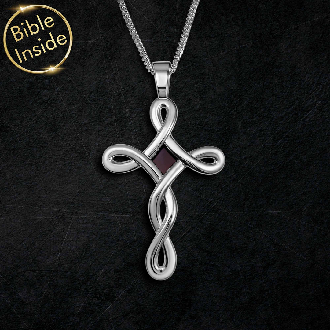 Silver cross necklace for men with scripture inside the cross pendant
