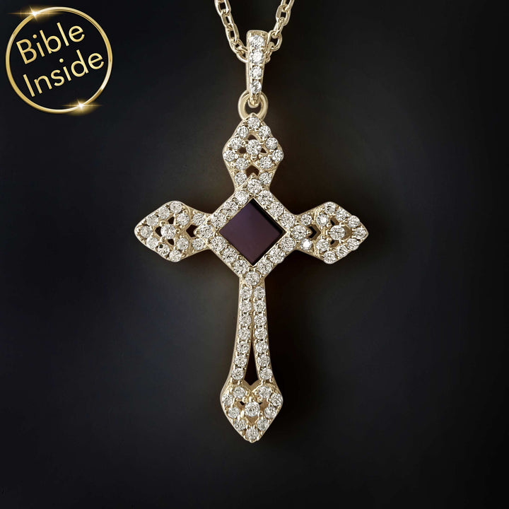 Cross necklace with Bible verse and nano Bible chip for girls