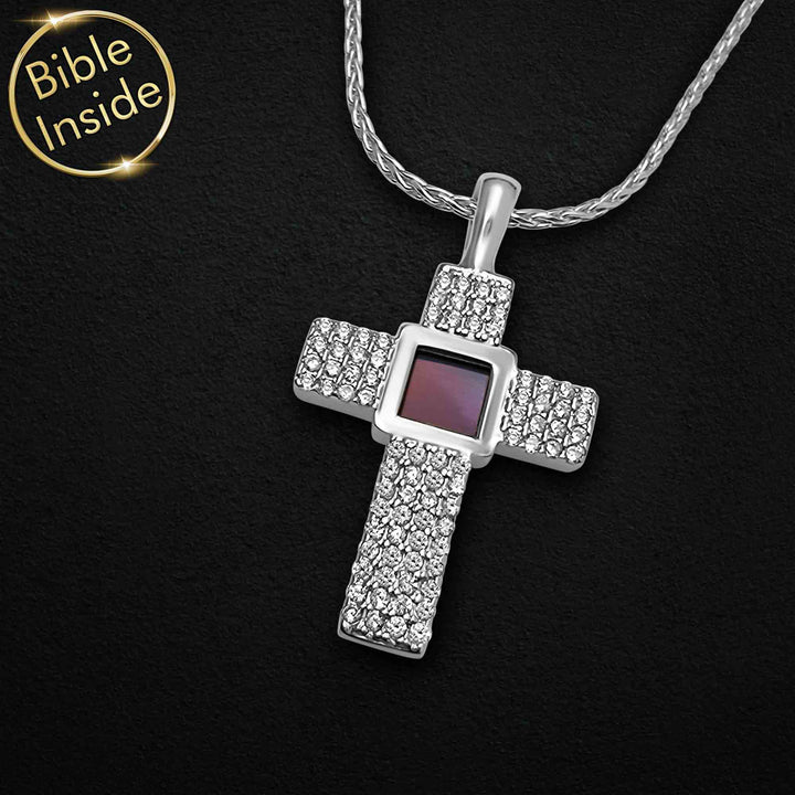 Silver scripture cross necklace with New Testament microchip