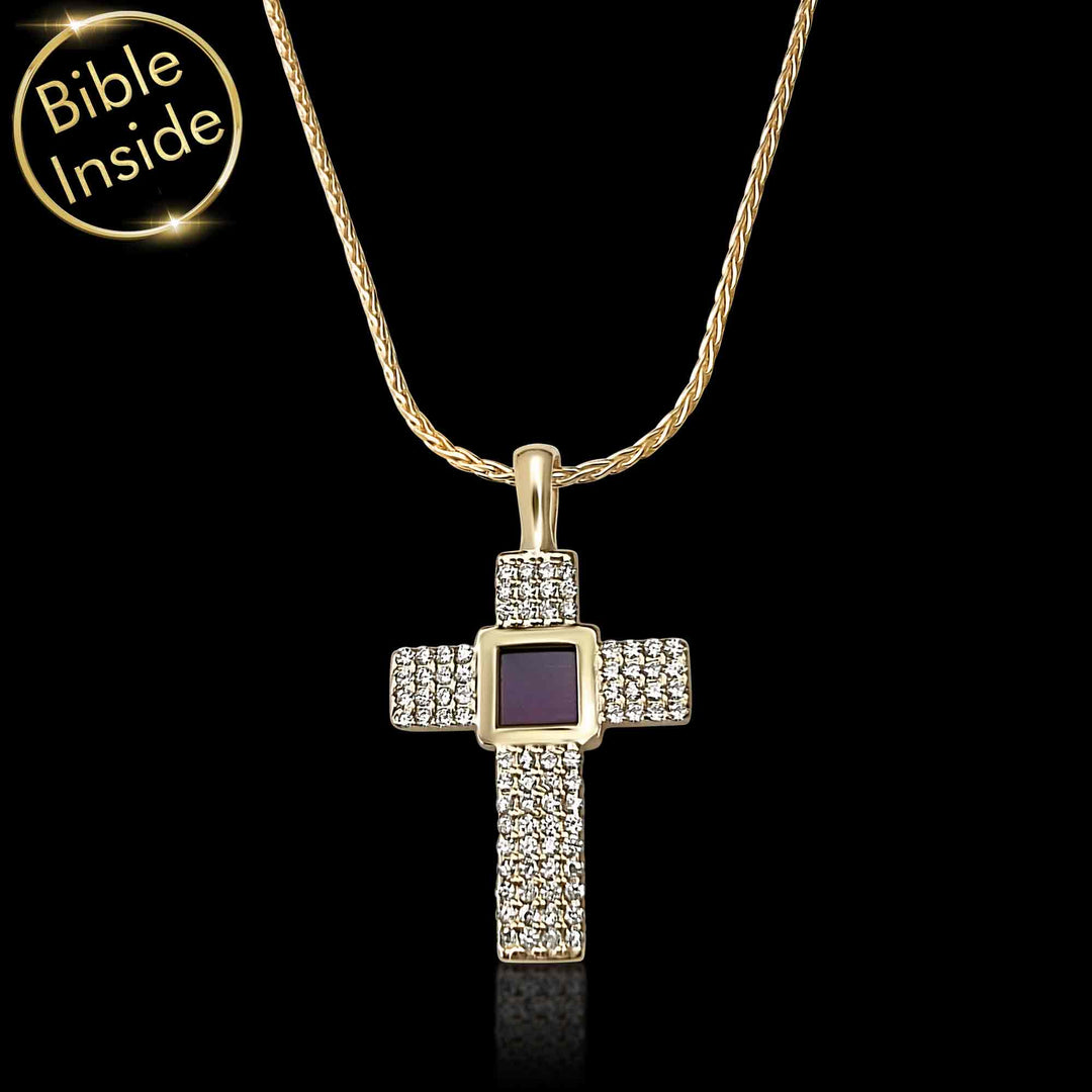 Cross pendant and chain in white gold with micro Bible chip
