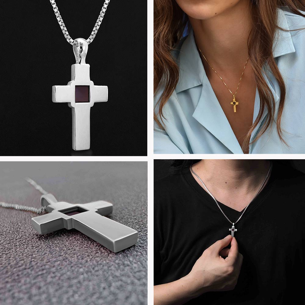 Cross pendant white gold necklace with nano Bible chip – Christian jewelry for unisex