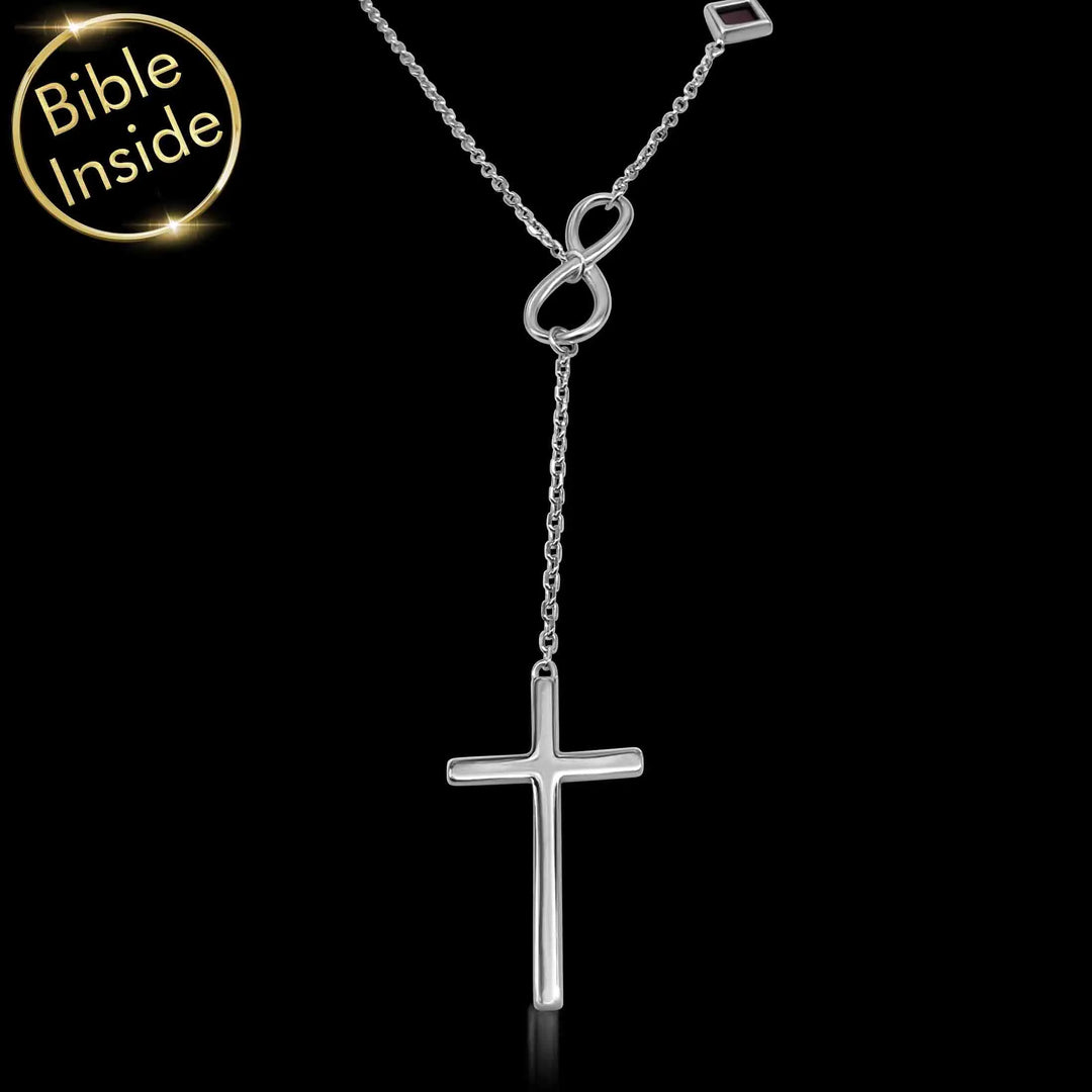 Womens cross necklace featuring miniature Bible technology – faith jewelry