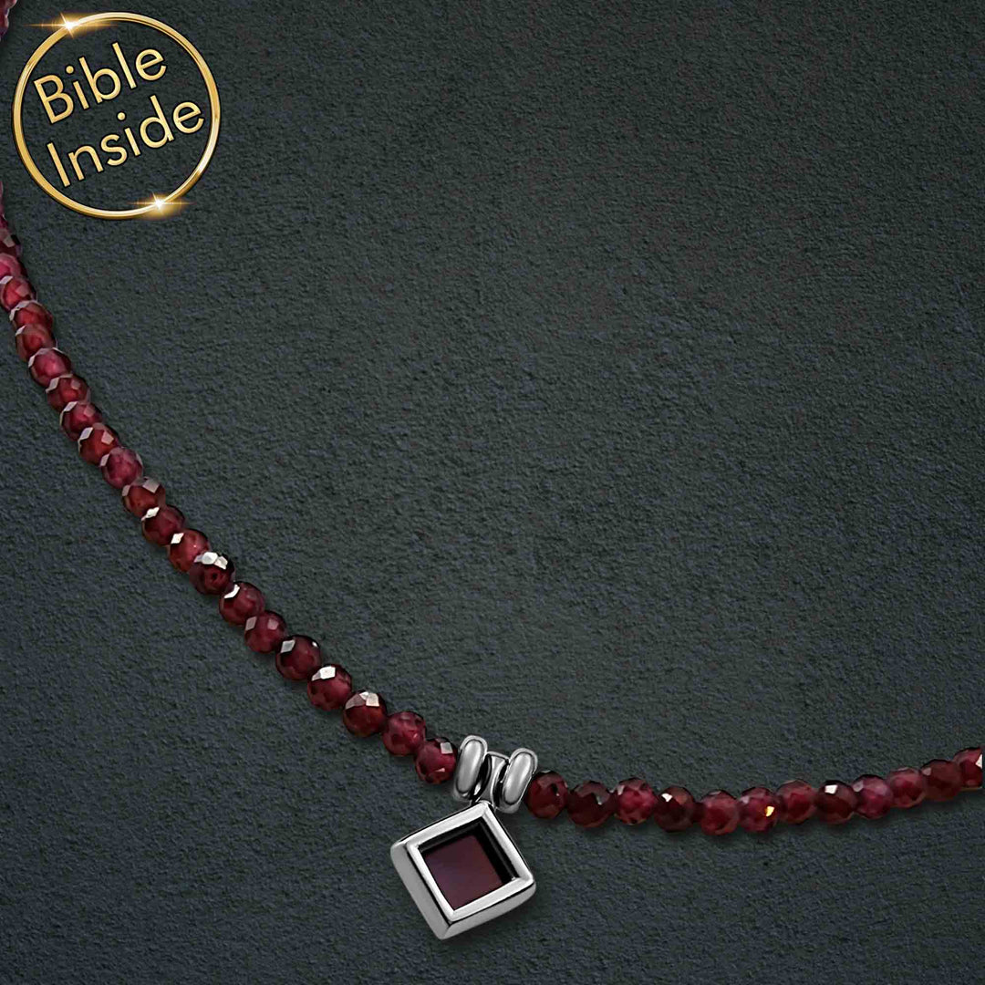 Fashionable Nano Bible necklace with garnet, on-trend Valentine's day gift for friend.