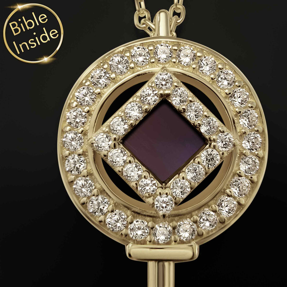 Unique Christian jewelry kingdom key necklace with nano Bible – gold pendant
