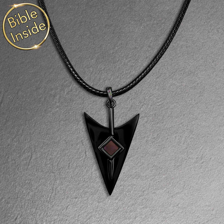 Valentine's day present idea for him — black arrow pendant with miniature Bible inside