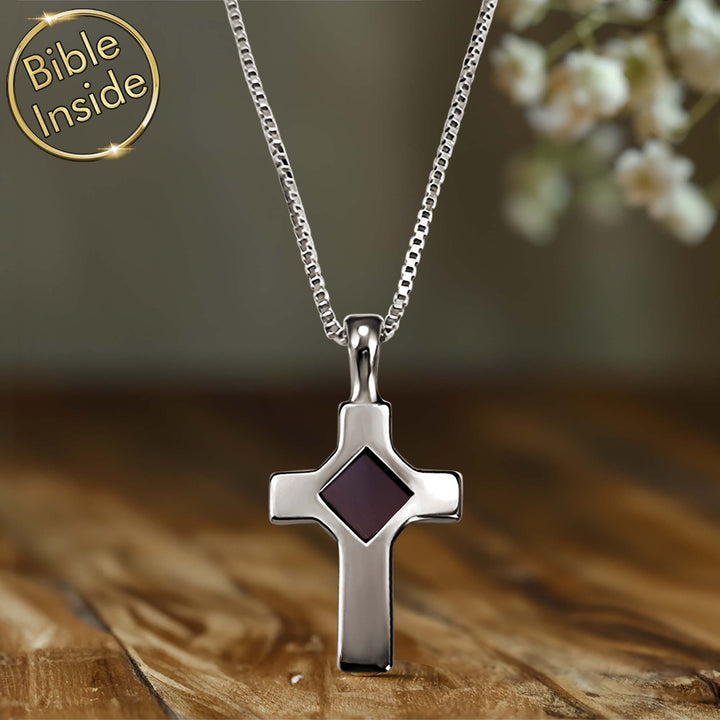 Idea for Valentine gift elegant cross pendant with New Testament micro Bible
