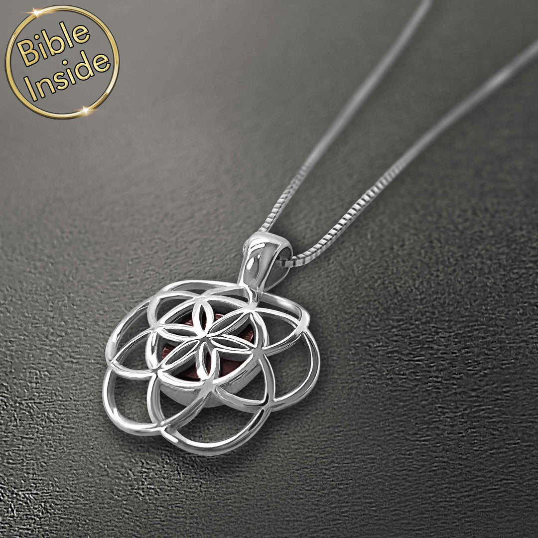 Christian Valentine's gift for fiance necklace, polished seed of life design with scripture inside