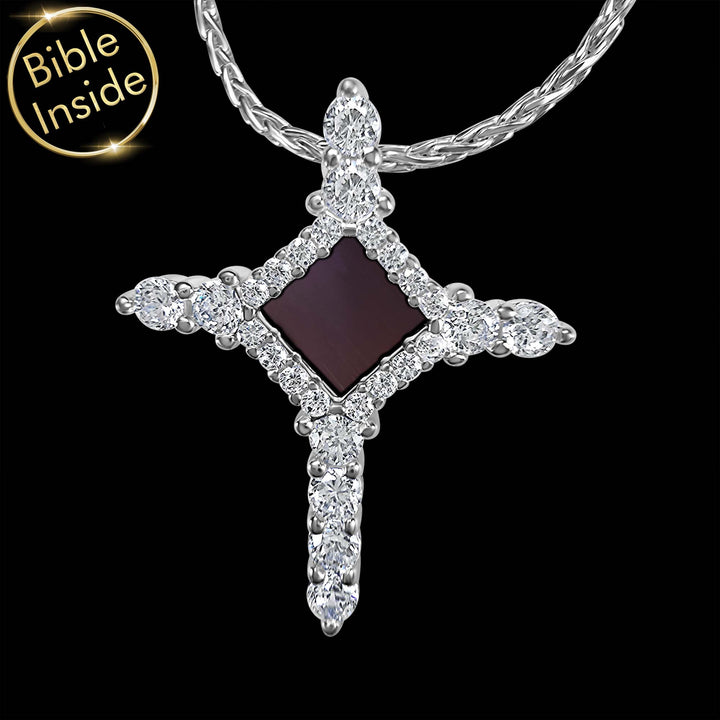 Jewelry gifts for her featuring cross pendant and micro Bible technology

