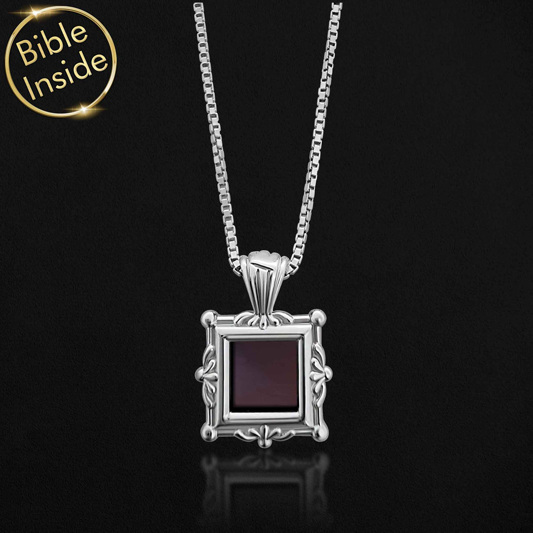 White gold jewelry for women – Mona square necklace with micro Bible