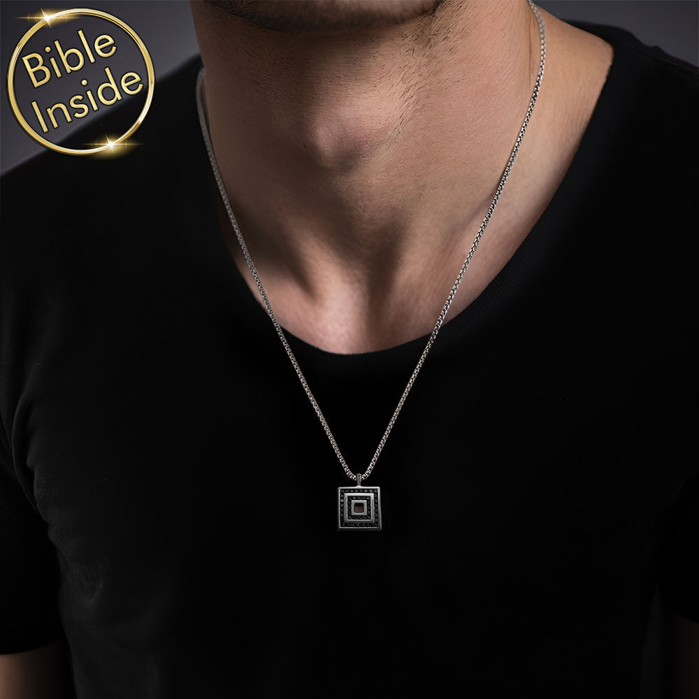 Silver square pendant necklace – valentine's day present idea for him