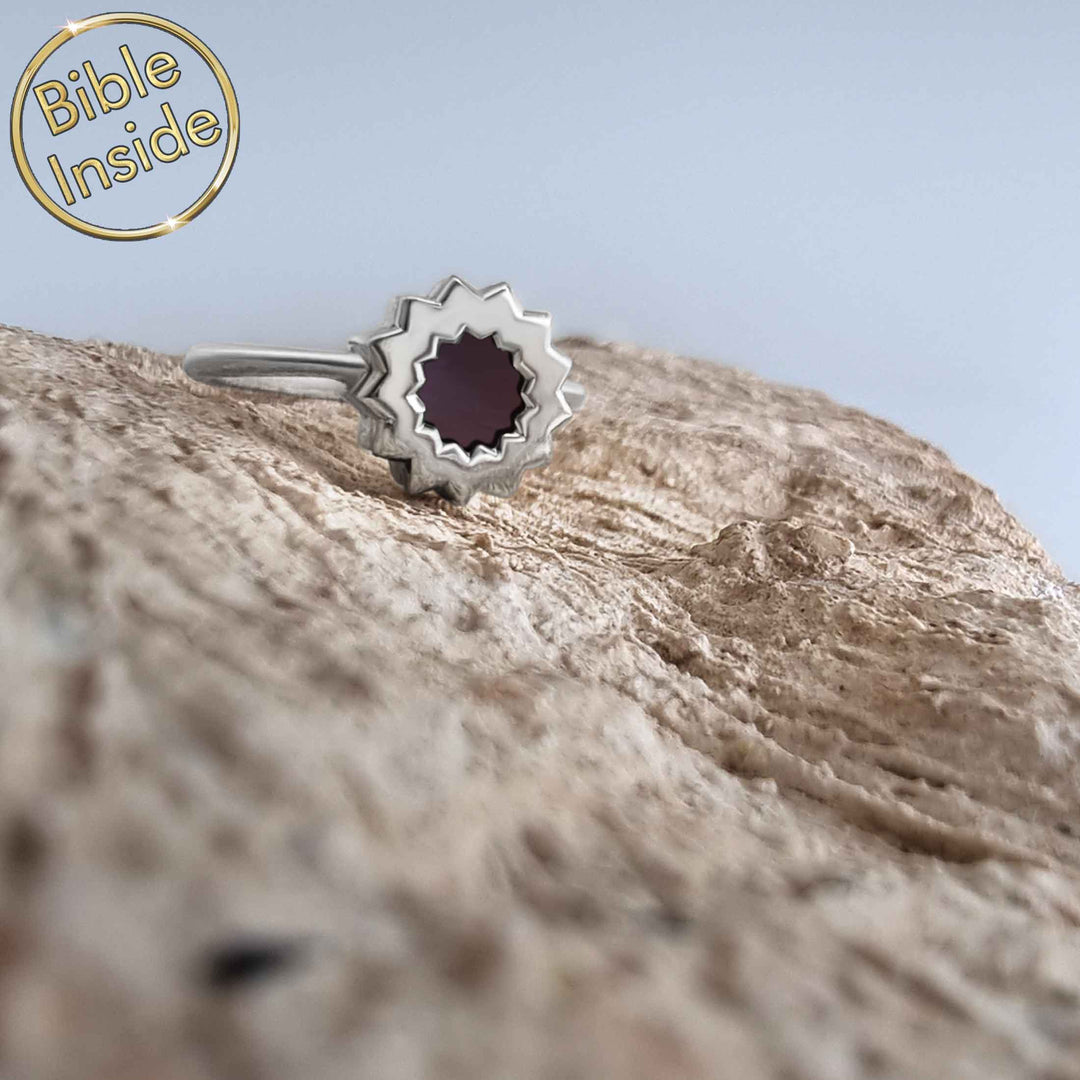 Valentine present for wife - elegant flower design ring with micro Bible