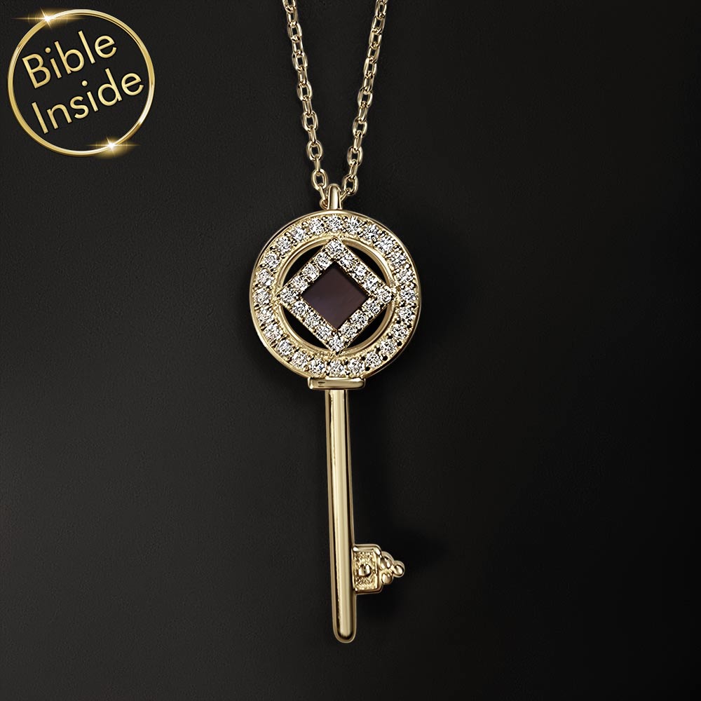 Christian gold necklace with scripture inside miniature Bible chip