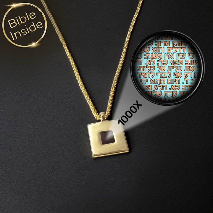 Gold necklace for Christian boys – geometric Cubo pendant with scripture inside