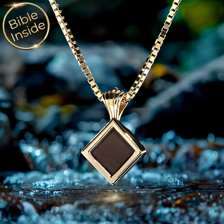Minimalist gold necklace for Christian women with New Testament micro Bible chip
