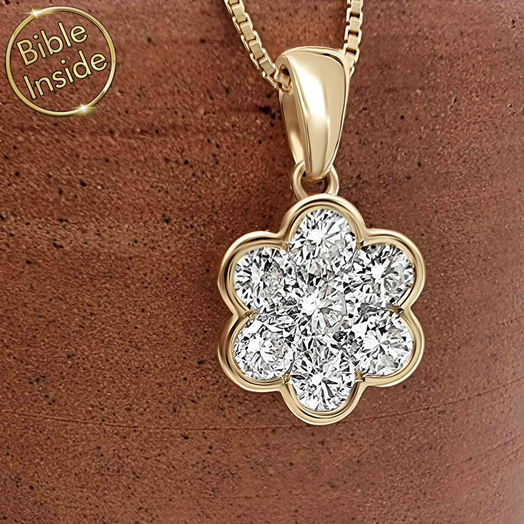 Christian gold necklace with lab diamond flower and nano Bible