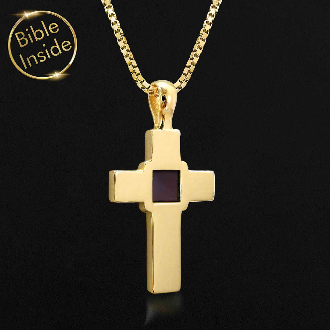 Religious cross jewelry with New Testament scripture inside tiny chip