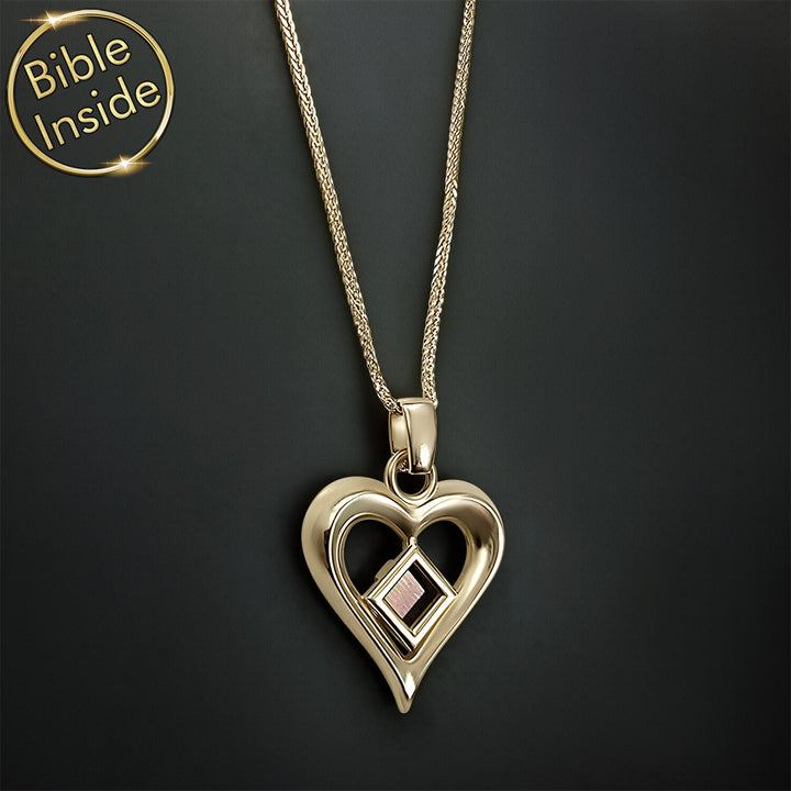 Women's heart necklace with miniature Bible chip — meaningful gift for girls