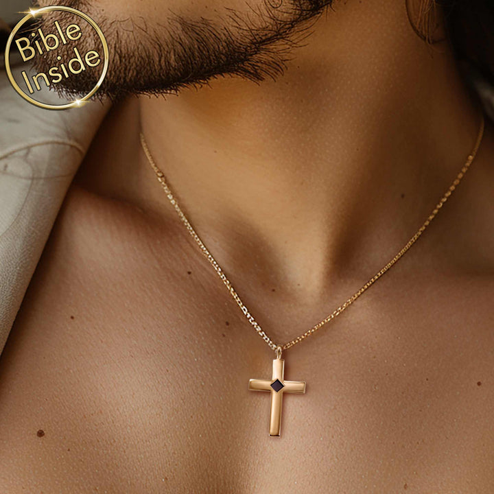 Male gold jewelry featuring cross pendant and New Testament chip